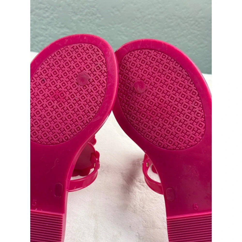 Tory Burch Fuchsia Pink Floral Jelly Thong Sandals Womens 5 Flat Flip Flops Logo